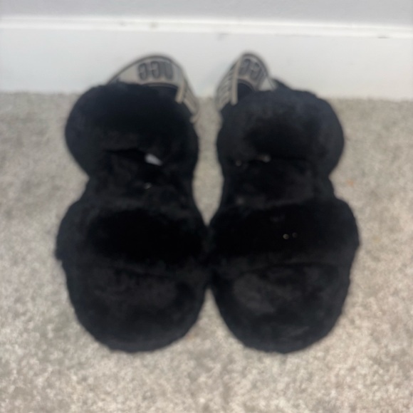 UGG Black Fluffy Slides with Logo Strap - Picture 2 of 2
